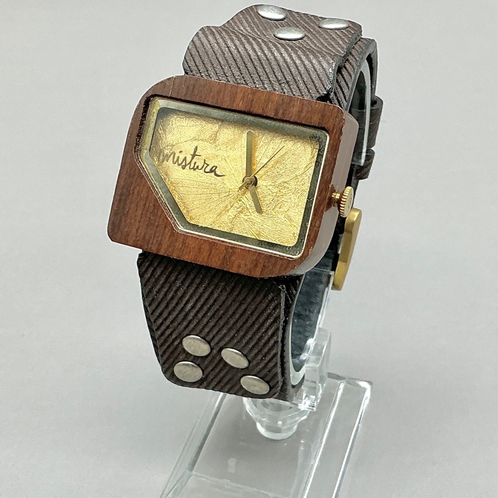 Mistura Watch Wood Gold Leaf Dial Brown Leather Cuff Japan Movement NEW BATTERY